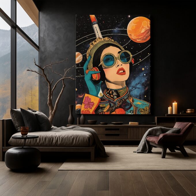Orbit of Dreams – Retro Pop Space Canvas Wall Art with Female Astronaut - Image 2