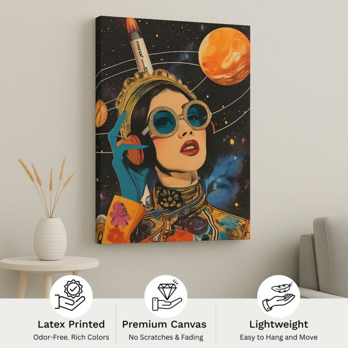Orbit of Dreams – Retro Pop Space Canvas Wall Art with Female Astronaut - Image 4