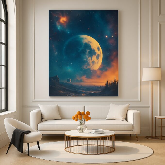 Lunar Reverie – Moonlit Landscape Canvas Wall Art with Cosmic Sky - Image 2