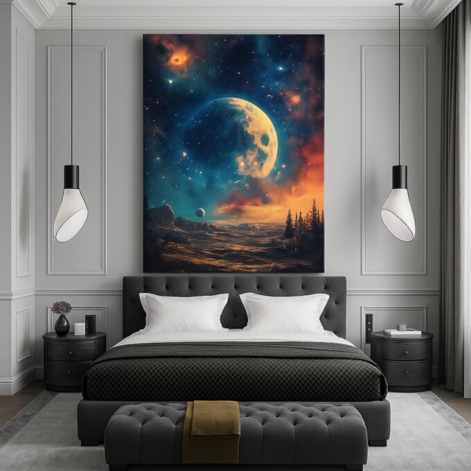 Lunar Reverie – Moonlit Landscape Canvas Wall Art with Cosmic Sky - Image 3