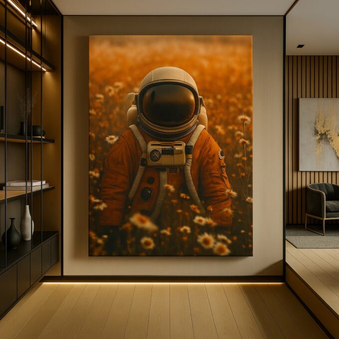 Fields of Solitude – Astronaut Canvas Wall Art in Golden Daisy Meadow - Image 2