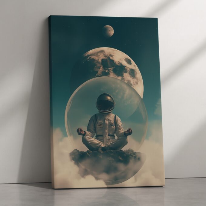 Celestial Serenity – Astronaut Meditating Canvas Wall Art with Lunar Backdrop