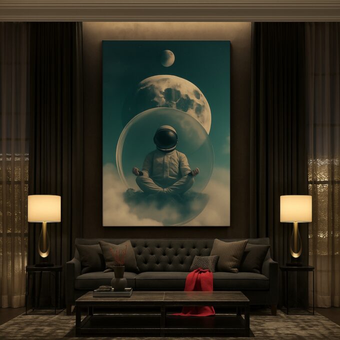 Celestial Serenity – Astronaut Meditating Canvas Wall Art with Lunar Backdrop - Image 2
