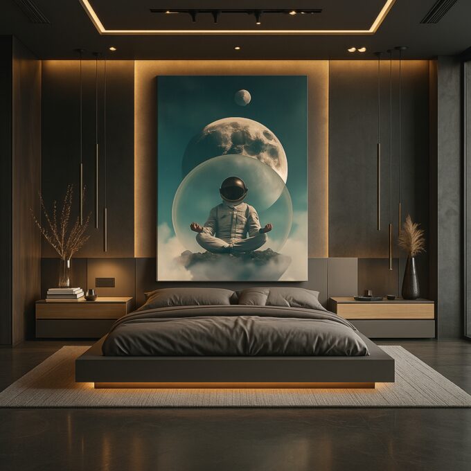 Celestial Serenity – Astronaut Meditating Canvas Wall Art with Lunar Backdrop - Image 3