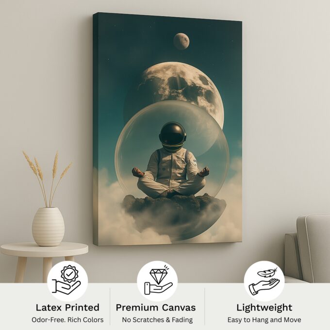 Celestial Serenity – Astronaut Meditating Canvas Wall Art with Lunar Backdrop - Image 4