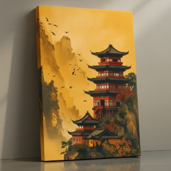 Golden Pagoda – Oriental Landscape Canvas Wall Art with Majestic Pagoda