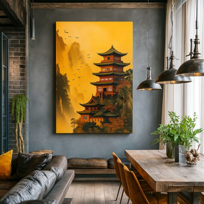 Golden Pagoda – Oriental Landscape Canvas Wall Art with Majestic Pagoda - Image 2