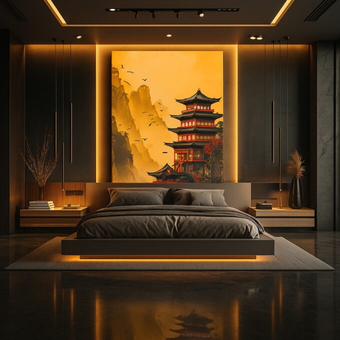 Golden Pagoda – Oriental Landscape Canvas Wall Art with Majestic Pagoda - Image 3