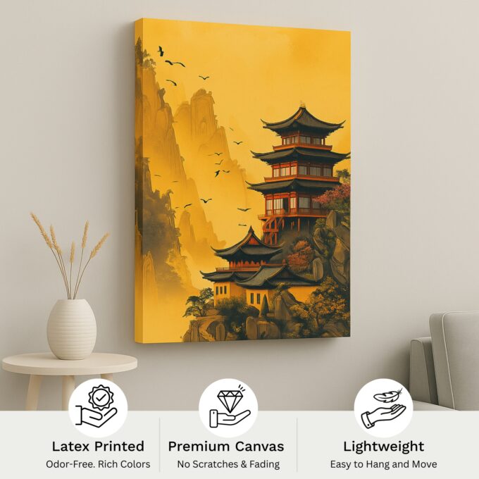 Golden Pagoda – Oriental Landscape Canvas Wall Art with Majestic Pagoda - Image 4
