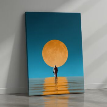 Lunar Reflection – Minimalist Astronaut Canvas Wall Art with Golden Moon