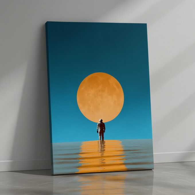 Lunar Reflection – Minimalist Astronaut Canvas Wall Art with Golden Moon