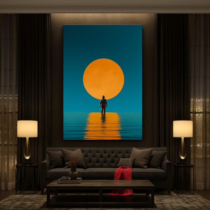 Lunar Reflection – Minimalist Astronaut Canvas Wall Art with Golden Moon - Image 2
