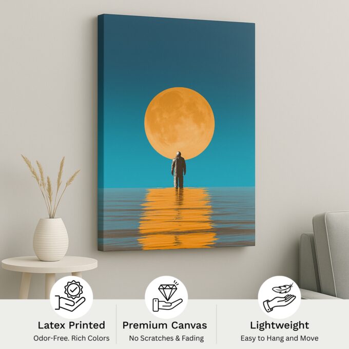Lunar Reflection – Minimalist Astronaut Canvas Wall Art with Golden Moon - Image 4