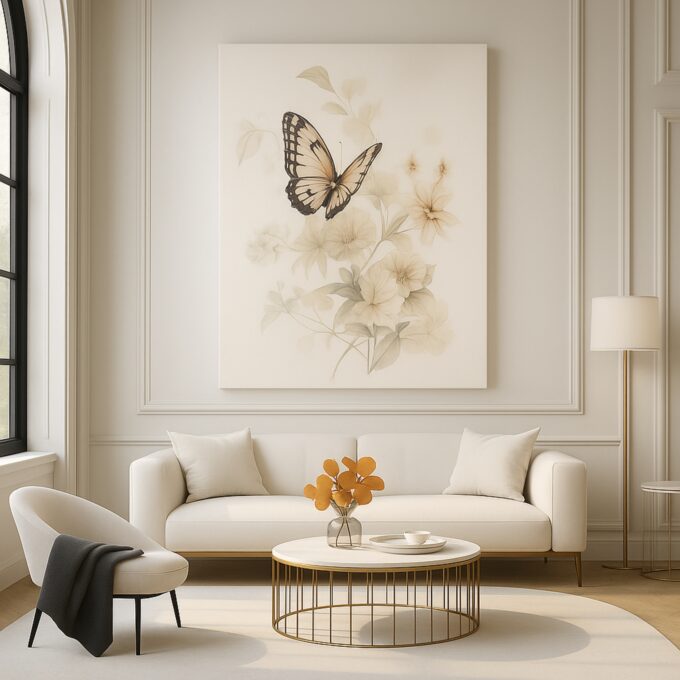 Whispering Wings – Butterfly and Floral Canvas Wall Art in Soft Neutrals - Image 2