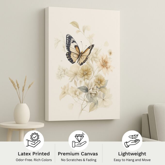 Whispering Wings – Butterfly and Floral Canvas Wall Art in Soft Neutrals - Image 4
