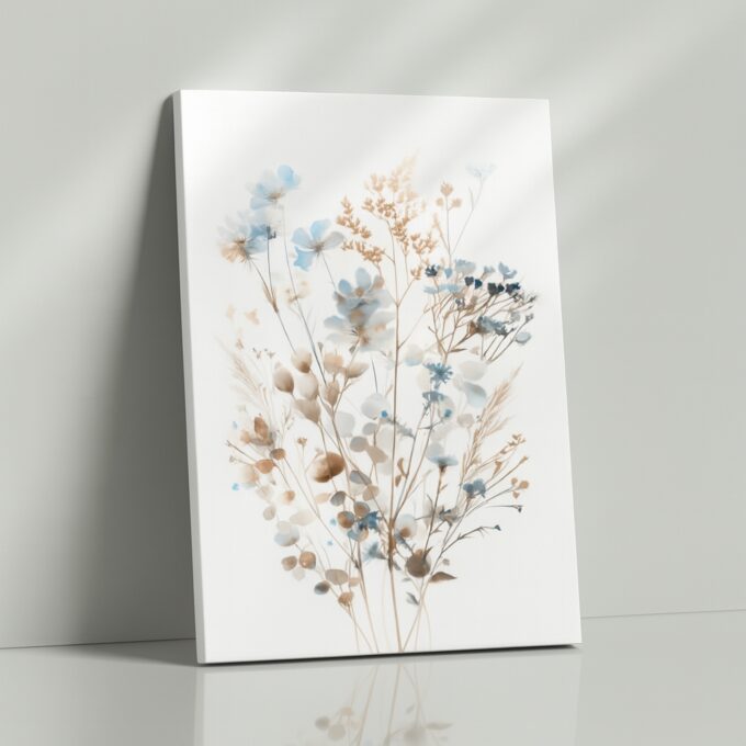 Azure Meadow – Minimalist Blue Wildflower Canvas Wall Art in Neutral Palette