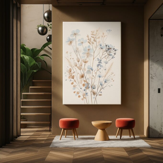 Azure Meadow – Minimalist Blue Wildflower Canvas Wall Art in Neutral Palette - Image 3