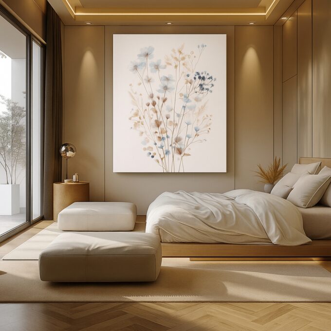 Azure Meadow – Minimalist Blue Wildflower Canvas Wall Art in Neutral Palette - Image 4