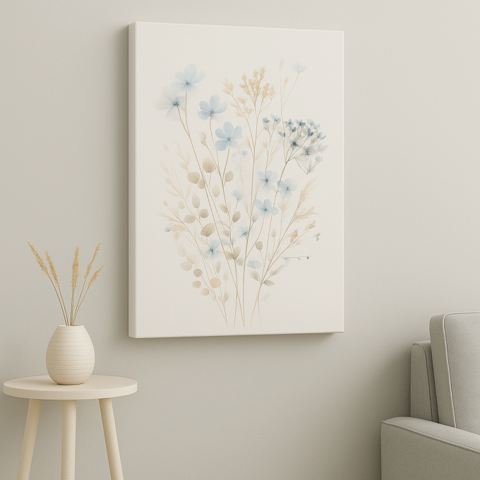 Azure Meadow – Minimalist Blue Wildflower Canvas Wall Art in Neutral Palette - Image 2