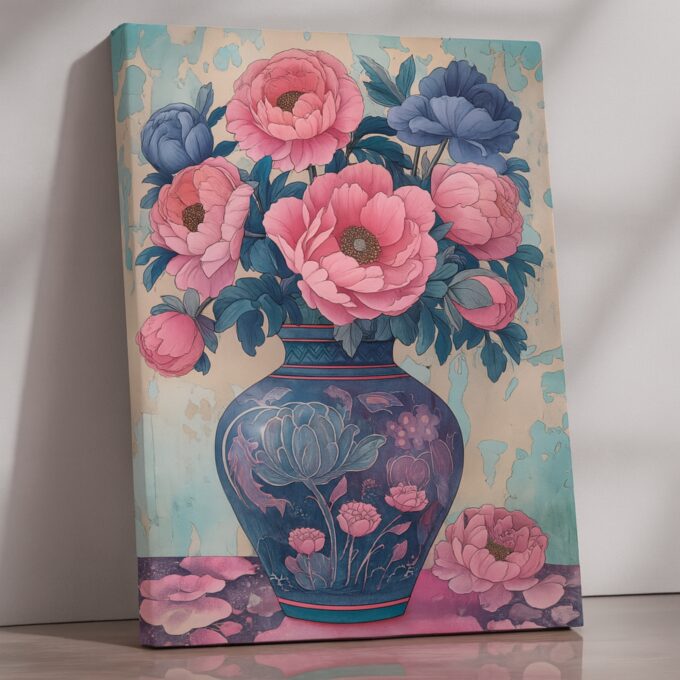 Peony Reverie – Oriental Floral Canvas Wall Art with Vibrant Vase Design