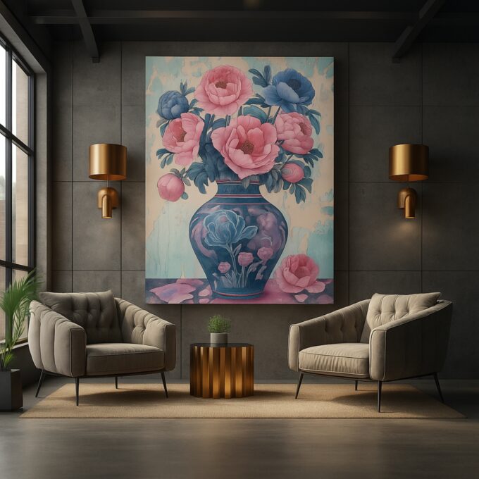 Peony Reverie – Oriental Floral Canvas Wall Art with Vibrant Vase Design - Image 2
