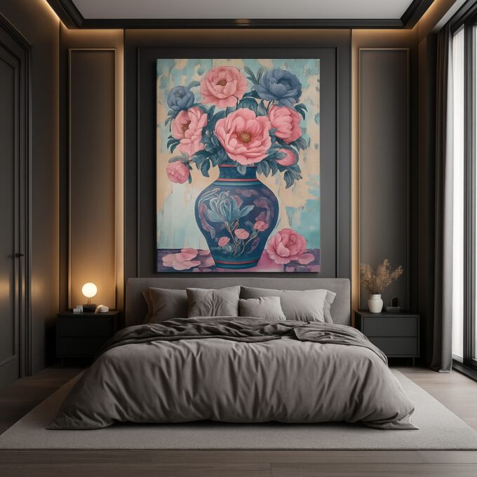 Peony Reverie – Oriental Floral Canvas Wall Art with Vibrant Vase Design - Image 3