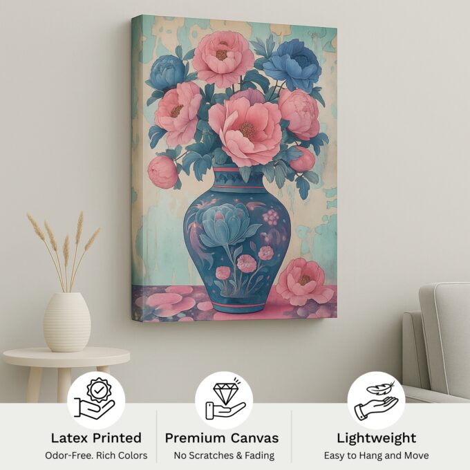 Peony Reverie – Oriental Floral Canvas Wall Art with Vibrant Vase Design - Image 4