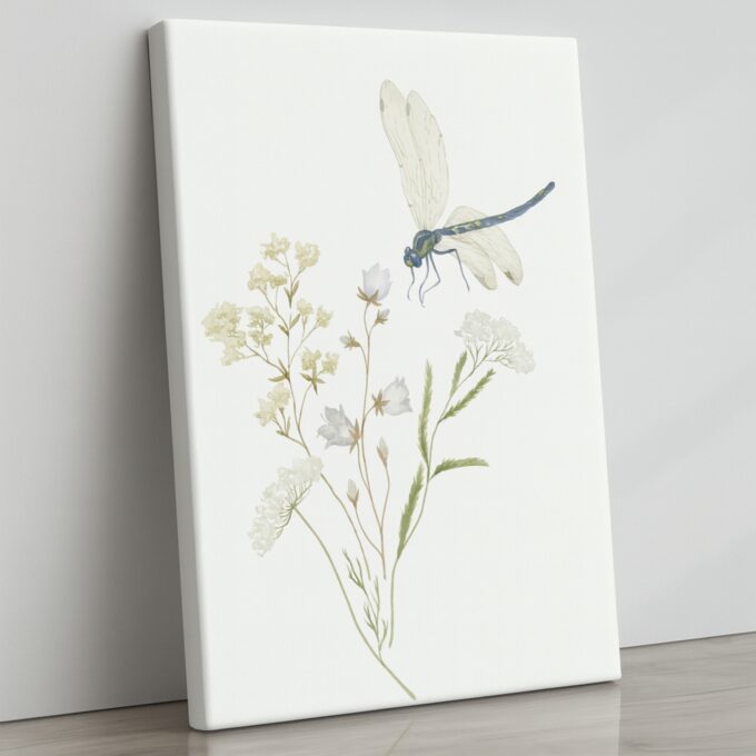 Dragonfly Whisper – Nature-Inspired Canvas Wall Art with Wildflowers and Dragonfly