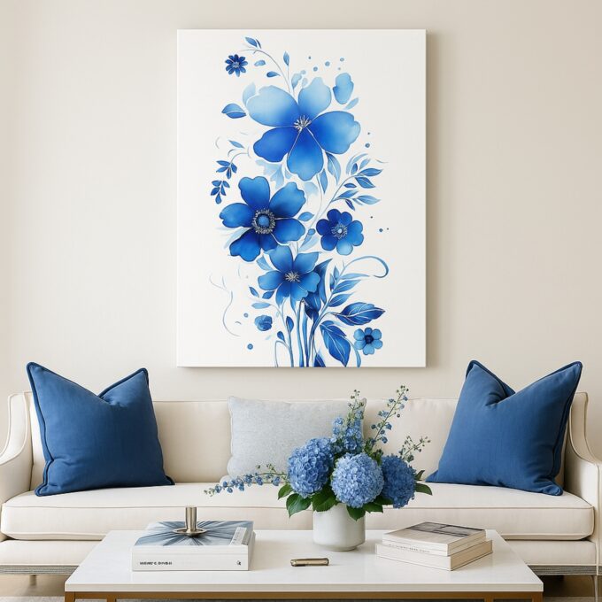 Azure Bloom – Elegant Blue Floral Canvas Wall Art in Minimalist Style - Image 2