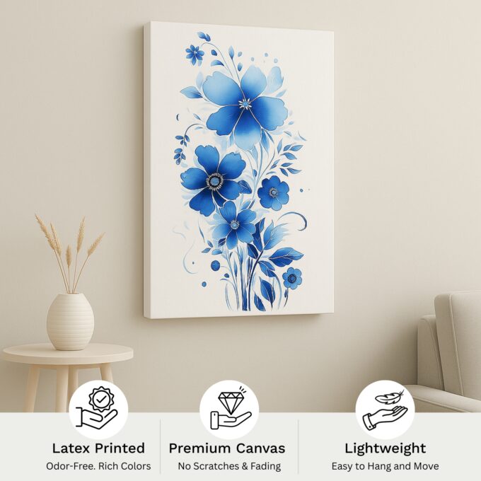 Azure Bloom – Elegant Blue Floral Canvas Wall Art in Minimalist Style - Image 4