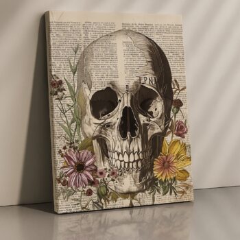 Bloom and Bone – Skull Floral Canvas Wall Art on Vintage Newspaper