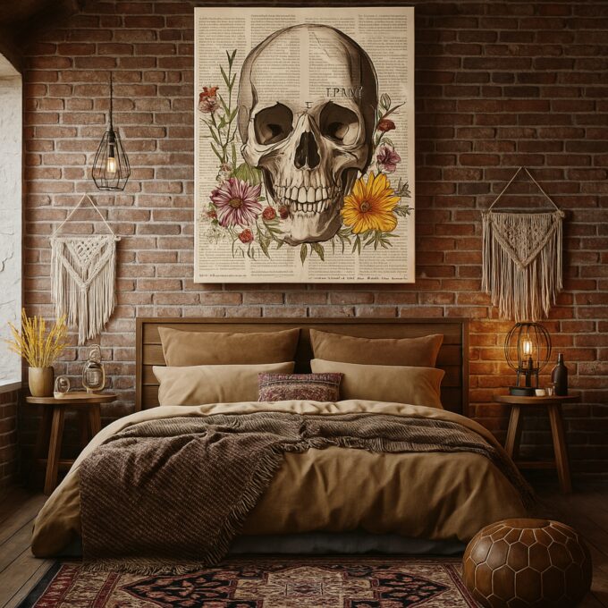 Bloom and Bone – Skull Floral Canvas Wall Art on Vintage Newspaper - Image 3