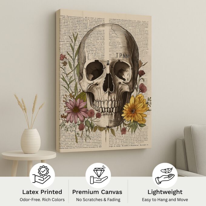 Bloom and Bone – Skull Floral Canvas Wall Art on Vintage Newspaper - Image 4