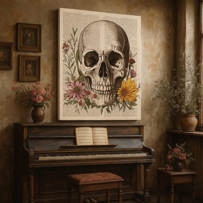 Bloom and Bone – Skull Floral Canvas Wall Art on Vintage Newspaper - Image 2