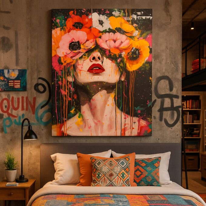Bloom Over Bold – Abstract Woman with Flowers Canvas Art - Image 3