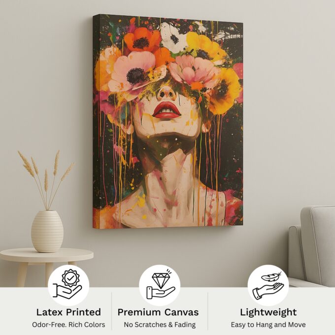 Bloom Over Bold – Abstract Woman with Flowers Canvas Art - Image 4