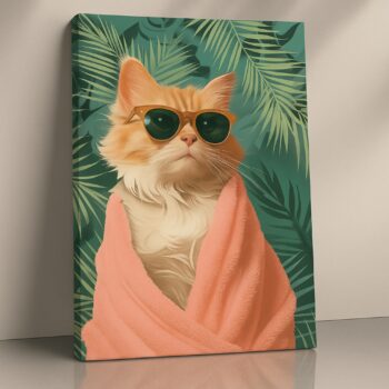 Meowjestic Retreat – Cool Cat in Robe Tropical Wall Art