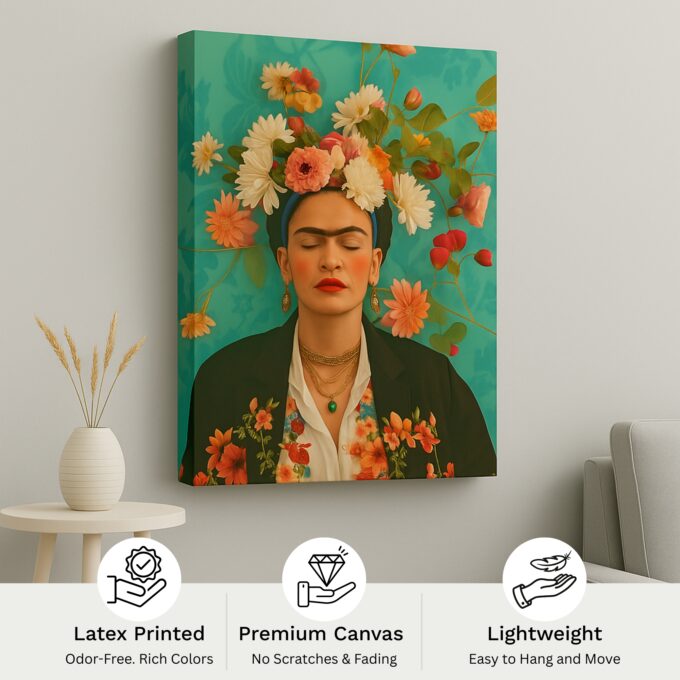 Frida in Bloom – Botanical Frida Kahlo Canvas Wall Art - Image 4