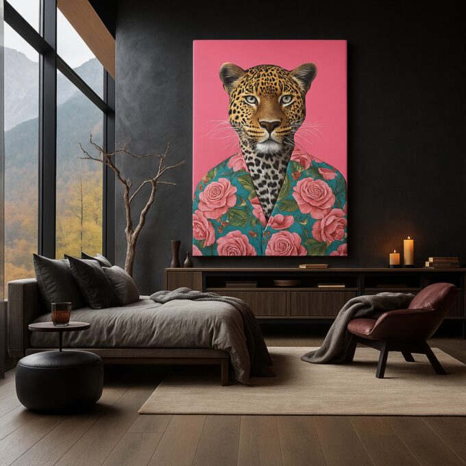 The Floral Predator – Leopard with Floral Blazer Wall Art - Image 3
