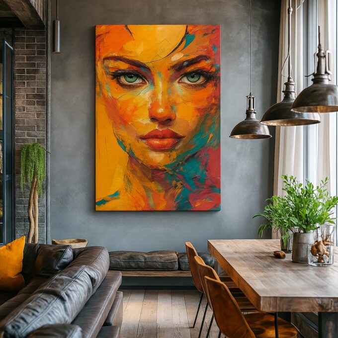 Fire in Her Gaze – Bold Abstract Female Portrait Canvas - Image 2