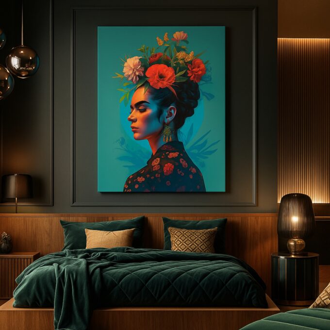 Frida in Facets – Floral Crown Portrait Canvas Wall Art - Image 3