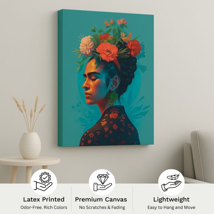 Frida in Facets – Floral Crown Portrait Canvas Wall Art - Image 4
