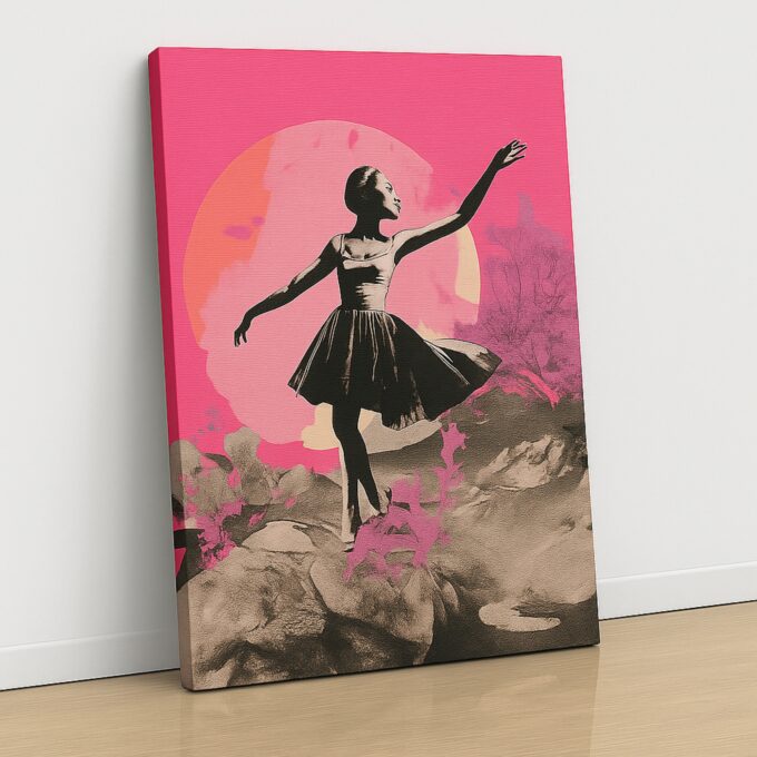 Moonlight Pirouette – Ballet Dancer Canvas Wall Art in Pink & Sepia