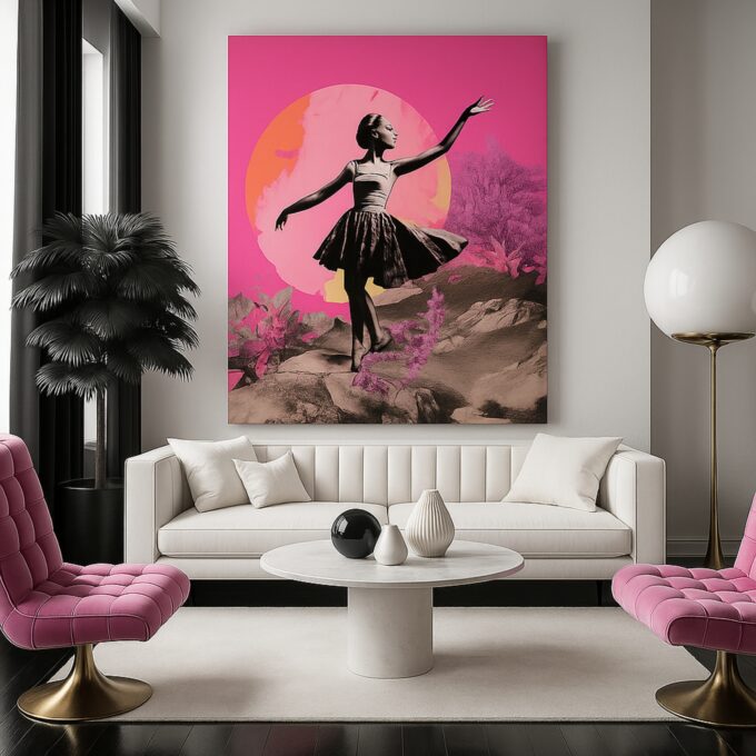 Moonlight Pirouette – Ballet Dancer Canvas Wall Art in Pink & Sepia - Image 2