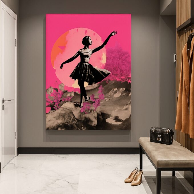 Moonlight Pirouette – Ballet Dancer Canvas Wall Art in Pink & Sepia - Image 3