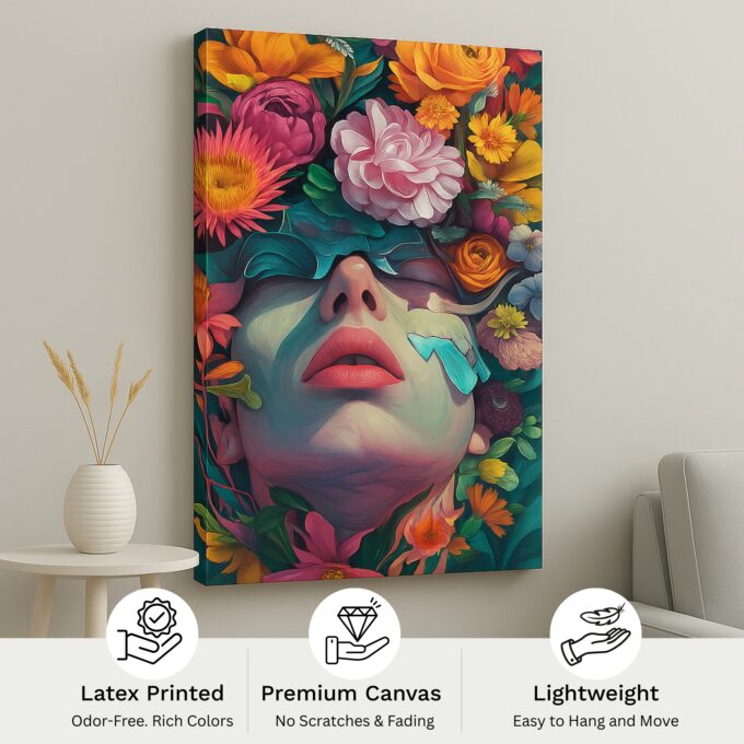 Bloom Veil – Floral Face Canvas Wall Art - Image 4