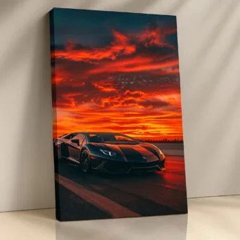 Crimson Horizon Lamborghini sunset canvas print by Artfy Canvas – luxury car canvas painting, wall paintings, artwork for wall décor