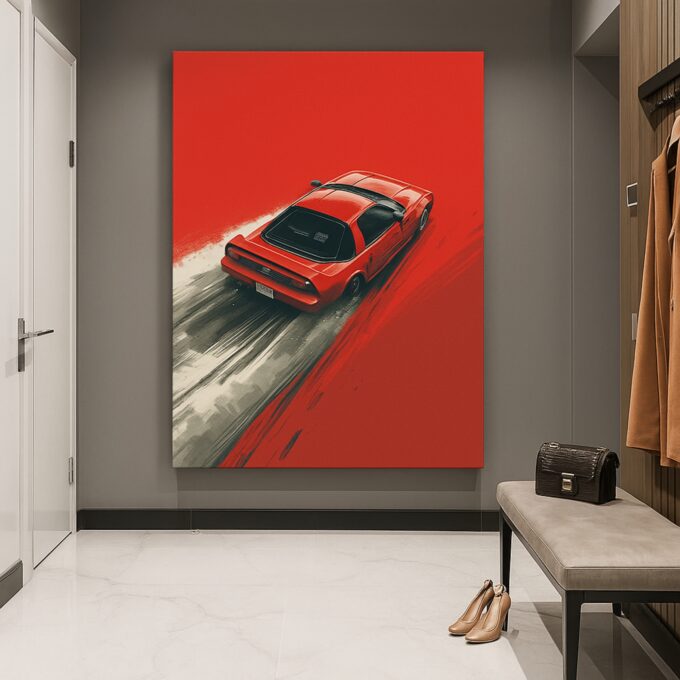 Crimson Drift Canvas Wall Art – Red Sports Car in Motion Poster - Image 3