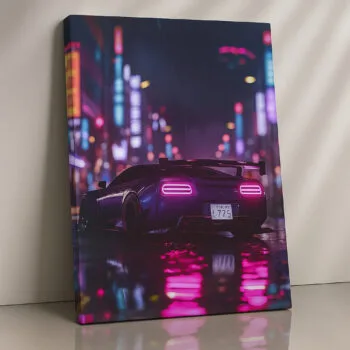 Neon Night Ride futuristic supercar canvas print by Artfy Canvas – cyberpunk car canvas painting, wall paintings, artwork for wall décor