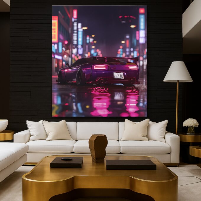 Neon Night Ride Canvas Wall Art – Futuristic Supercar in Cyberpunk City - Image 2